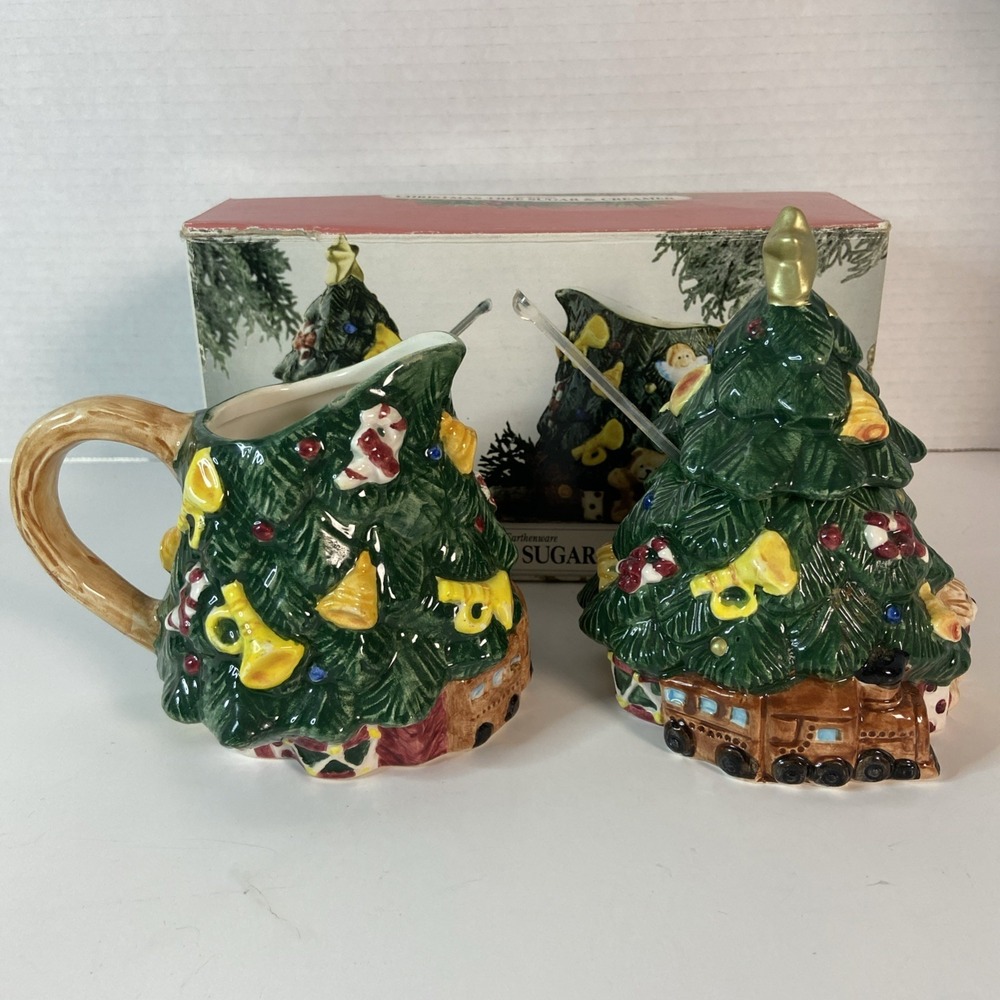 Vtg Earthenware Christmas Tree Sugar & Creamer Set w/Original Box Kitchen Decor